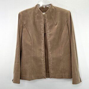 Studio I Blazer Jacket Petite 8 8P Tan Beige Embroidered Faux Suede Open Front